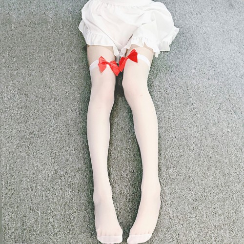 Women's Sheer Thigh-High Stockings WIth Bow White