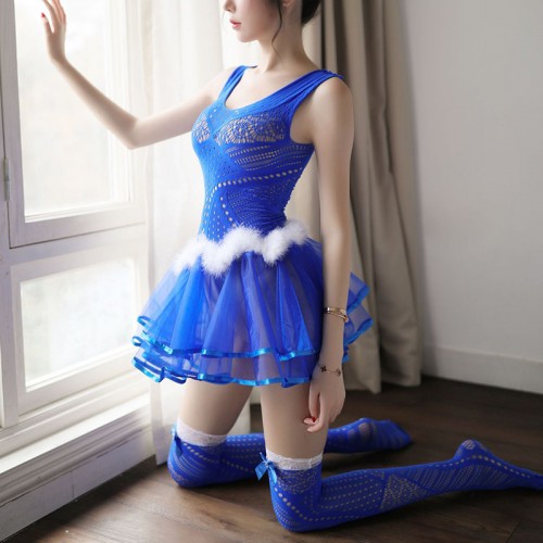 Tulle Bodystocking Cute Princess Dress with Stockings Blue