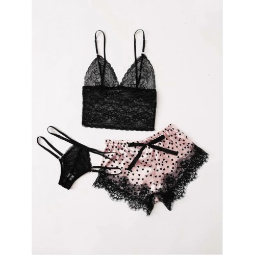 Women's 3 Piece Lace Trim Bralette with Short and Panty Set