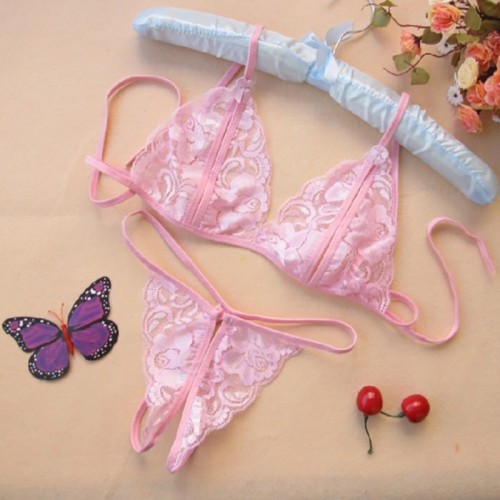 Lace Bra and Crotchless Panty Sexy Lingerie Set Pink