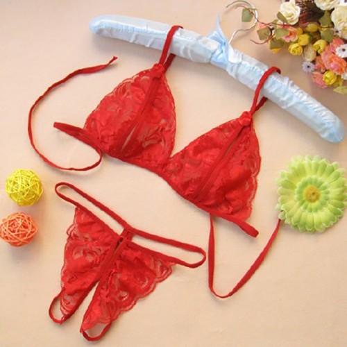 Lace Bra and Crotchless Panty Sexy Lingerie Set Red