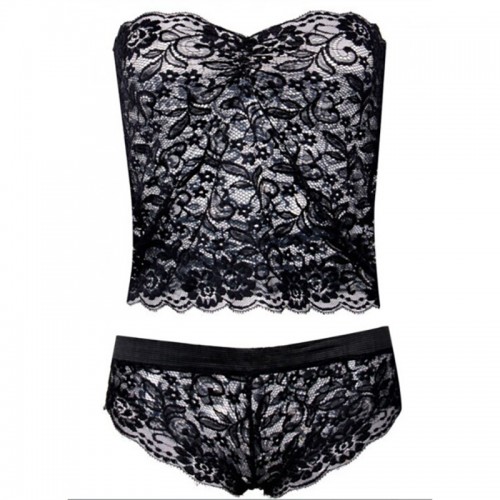 Lace Off Shoulder Crop Top and Panty Lingerie Set Black