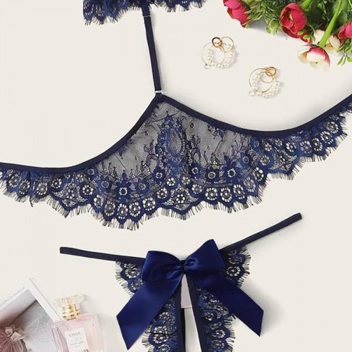 Sexy Halter Lace Bra and Crotchless Panty Set Blue