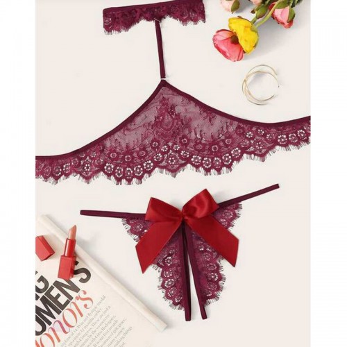 Sexy Halter Lace Bra and Crotchless Panty Set Red