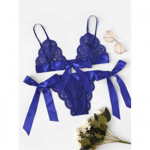 Sexy Scalloped Trim Self Tie Panty Lace Lingerie Set Blue