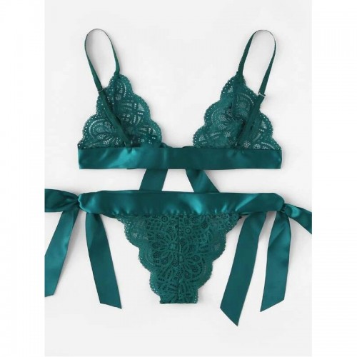 Sexy Scalloped Trim Self Tie Panty Lace Lingerie Set Green