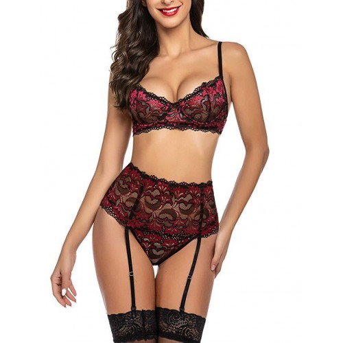 Women Sexy Bra and Panty Set with Garter Belts Red