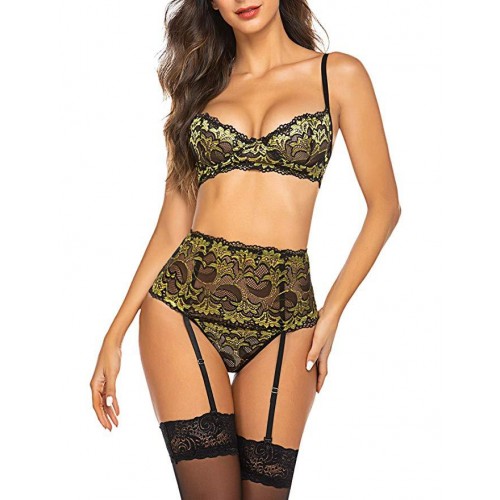 Women Sexy Bra and Panty Set with Garter Belts Yellow