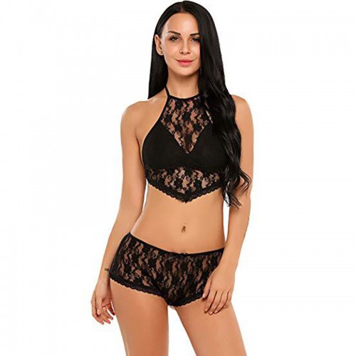 Bra and Panty Sets Lace Floral Babydoll Black