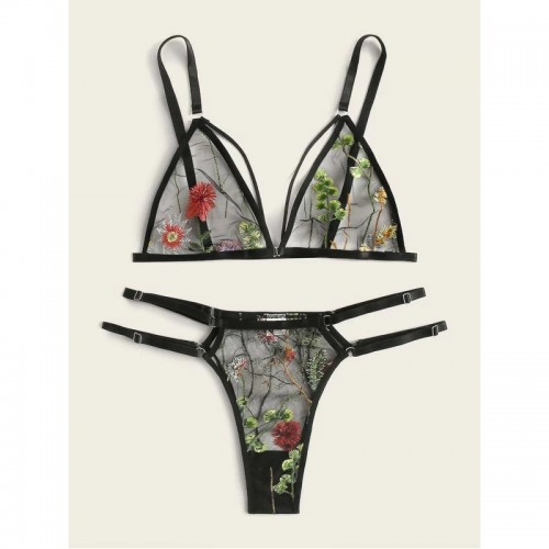 Floral Embroidered Mesh Underwire Bra and Panty Sexy Lingerie Set