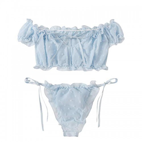 Self Tie Ruffle Trim Dobby Mesh Sexy Bra and Panty Set Blue