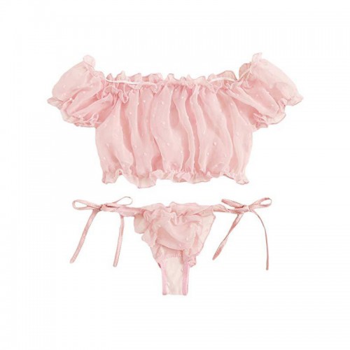 Self Tie Ruffle Trim Dobby Mesh Sexy Bra and Panty Set Pink