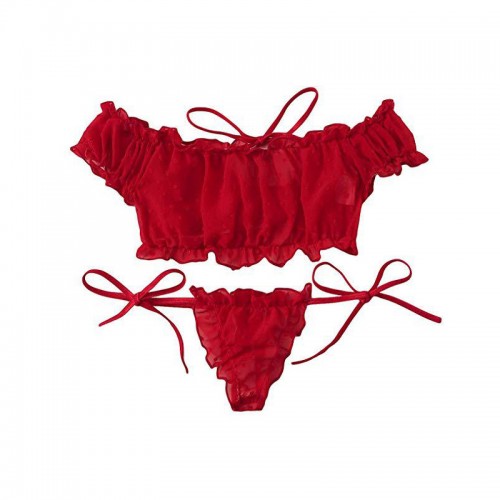 Self Tie Ruffle Trim Dobby Mesh Sexy Bra and Panty Set Red