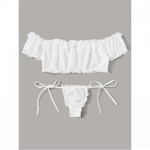 Self Tie Ruffle Trim Dobby Mesh Sexy Bra and Panty Set White