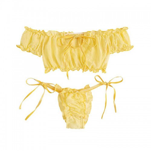 Self Tie Ruffle Trim Dobby Mesh Sexy Bra and Panty Set Yellow