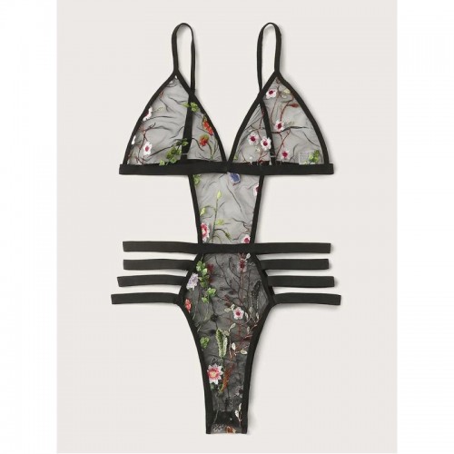 Sexy Sheer Mesh Flower Applique Bodysuit Lingerie Set