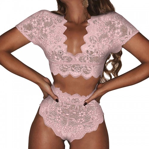 Floral Lace Crop Top and Panty Set Sexy Lingerie Pink