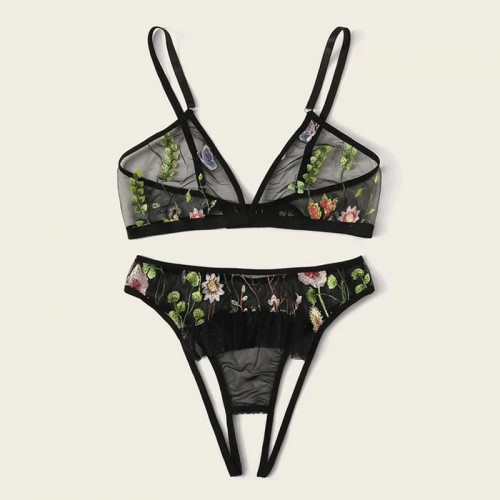 Mesh Flower Applique Bra and Crotchless Panty Set