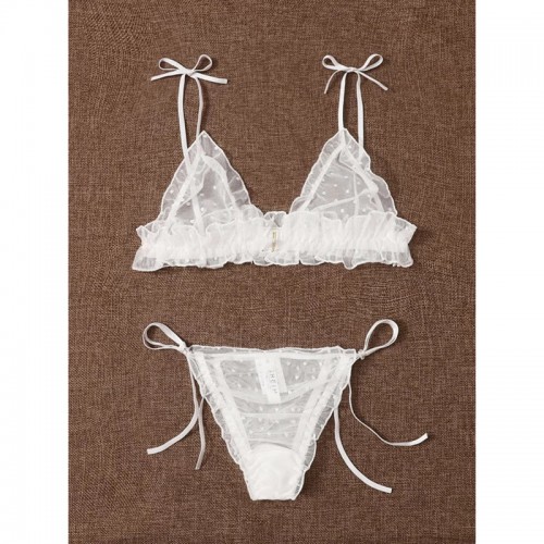 Tie Mesh Underwire Bra and Panty Sexy Lingerie Set White