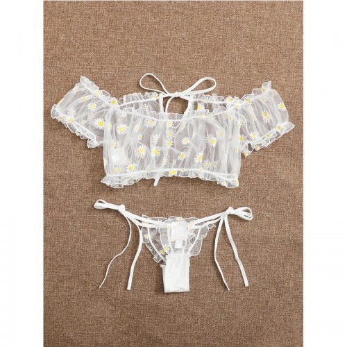 Tie Ruffle Trim Dobby Mesh Sexy Bra and Panty White