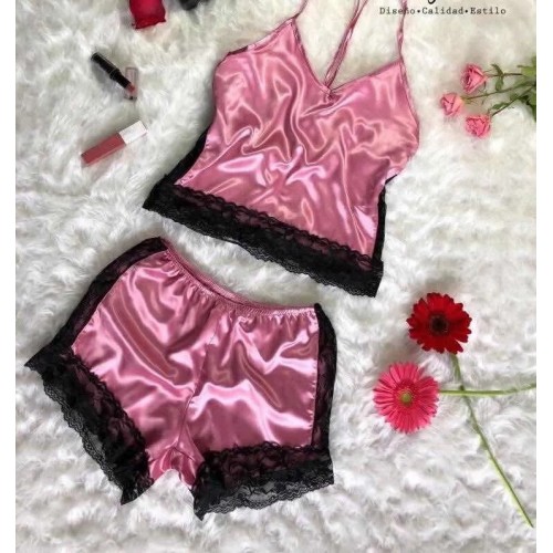 Sexy Lingerie Satin Sleepwear Cami Shorts Set Pink