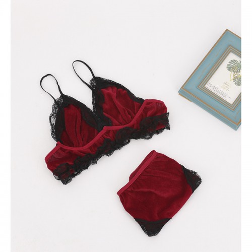 Lace Flannel Sexy Bra and Panty 2 Piece Lingerie Set