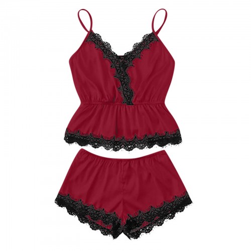 Sexy Lace Trim Sleepwear Cami Top and Shorts Pajama Set Burgundy