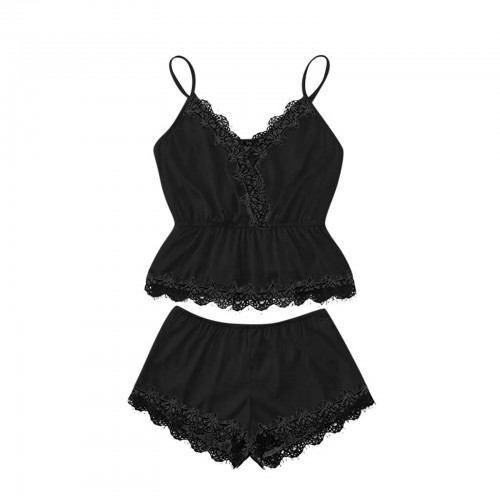 Sexy Lace Trim Sleepwear Cami Top and Shorts Pajama Set Black