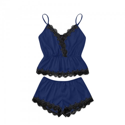 Sexy Lace Trim Sleepwear Cami Top and Shorts Pajama Set Blue