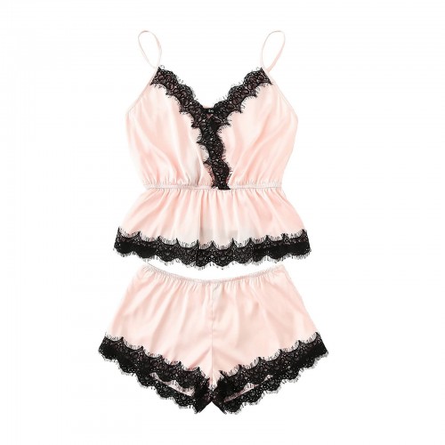 Sexy Lace Trim Sleepwear Cami Top and Shorts Pajama Set Pink