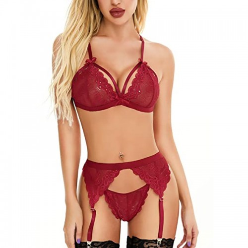 Women's Sexy floral Lingerie Set With Galter Belt Red s186