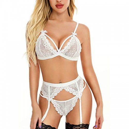 Women's Sexy floral Lingerie Set With Galter Belt White