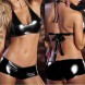 Women's Patent Leather Metallic Lingerie Bikini G-String Set Swimsuit Black