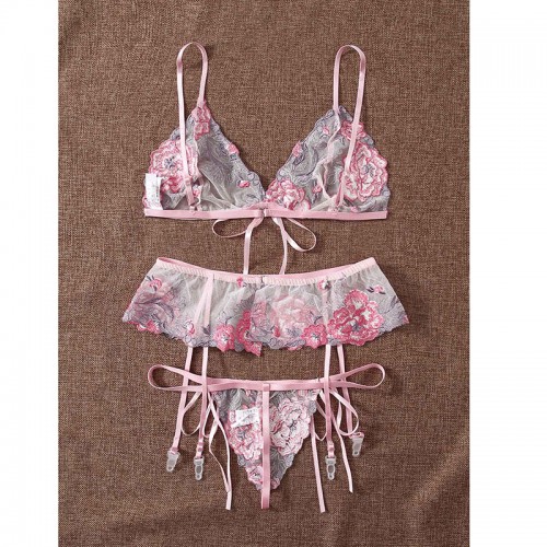 3 Piece Floral Lace Lingerie Set with Garter Belts Pink