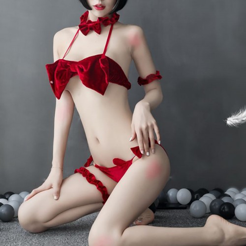 Two Piece Bra and Panty Bow Tie Sleepwear Red