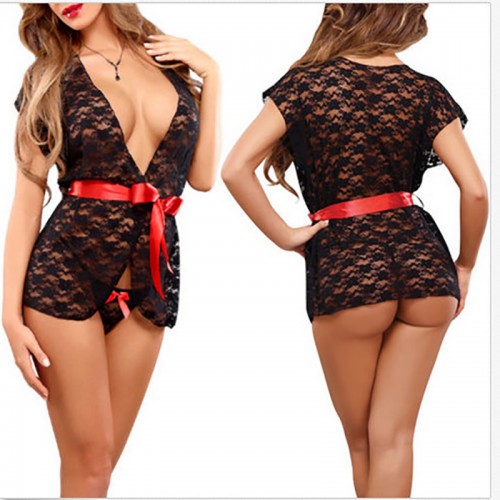 Women Kimono Robe Floral Lace Sheer Mesh Nightgown Black