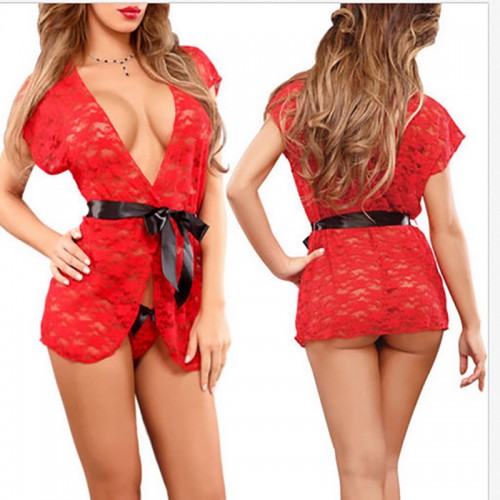 Women Kimono Robe Floral Lace Sheer Mesh Nightgown Red