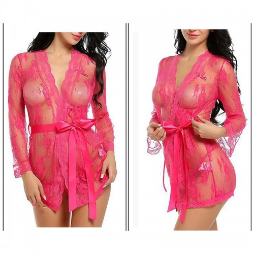 Sheer Kimono Robe Floral Lace Babydoll Lingerie Hot Pink