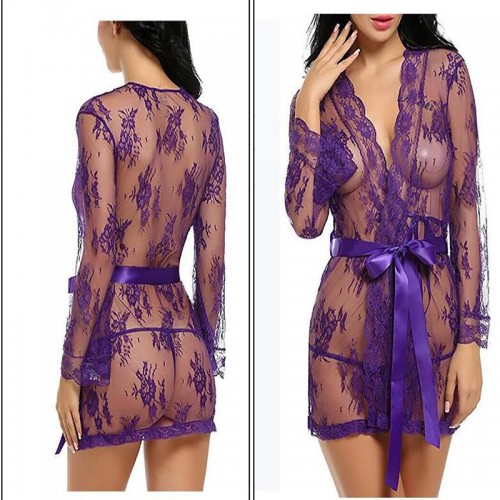 Sheer Kimono Robe Floral Lace Babydoll Lingerie Purple