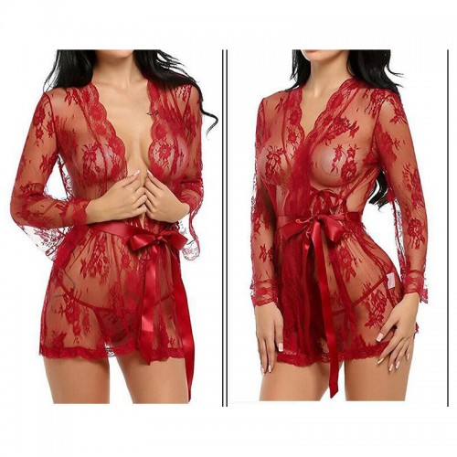 Sheer Kimono Robe Floral Lace Babydoll Lingerie Red