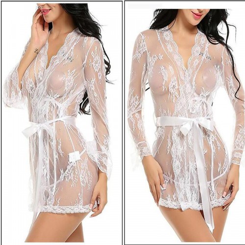 Sheer Kimono Robe Floral Lace Babydoll Lingerie White