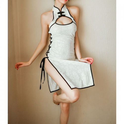 Sexy Halter Neck Bandage Lingerie Split Hollow Out Cheongsam Lingerie White