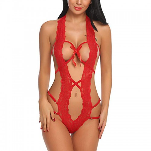 One Piece Hollow Out Lace Deep V Lingerie Red