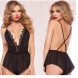 Halter Neck Bodysuit Eyelashes Lace Babydoll With Deep V-Neck Black